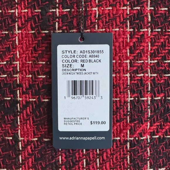 ADRIANNA PAPELL Red Black‎ Tweed Jacket Blazer Gold Buttons Holiday Plaid Size M - Picture 6 of 7